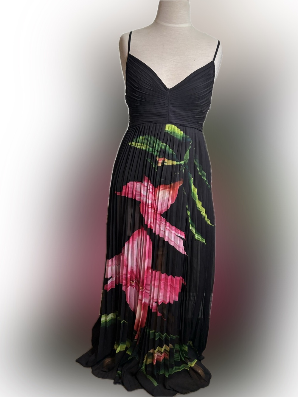 Rococo Sand Black Pleated Maxi Dress with Pink Floral & Green Leaf Print